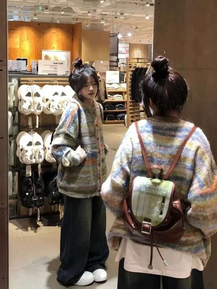 Women Fashion Sweet Y2k Aesthetic Coats Vintage Haruku Contrast Color Sweaters Loose All Match New Grunge Cardigans Japanese
