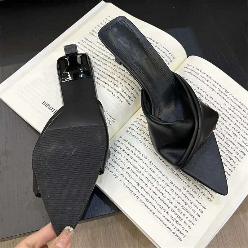 Fashion Design Pleated Pointed Toe Women Slippers Elegant Thin Low Heels Summer Female Slide Shoes