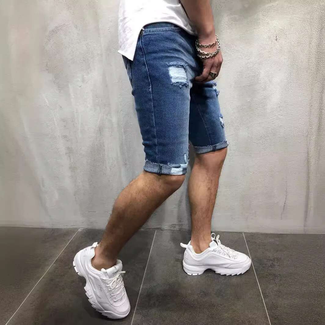 Summer New Jeans Tight Denim Shorts Suitable For Men's Designer Shorts Wearing Worn-out Torn Cat Whiskers Hip-hop Streetwear Shorts Men's Pa
