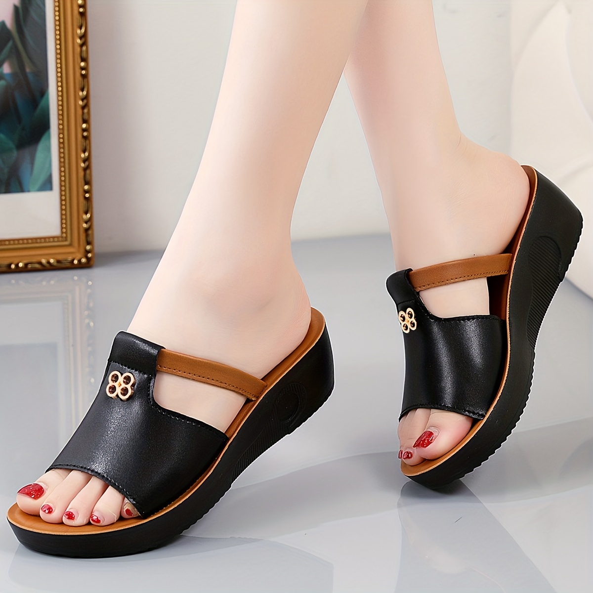 Women's black and brown faux covered wedge sandals - floral embellished open-toed pull-over shoes with comfortable thick soles for casual wear