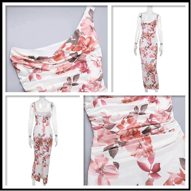 Townlike Print Pleated Slim Bodycon Dress Women One Shoulder Spring Summer Dress Midi Long Backless Sexy Party Dresses 250218