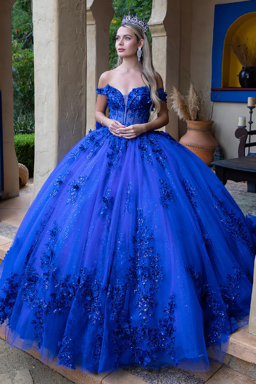 Princess Royal Blue Quinceanera Dresses Off Shoulder Ball Gown Vestido De 15 Anos Floral Lace Appliques Bow Back Court Train Luxurious Prom Special oc
