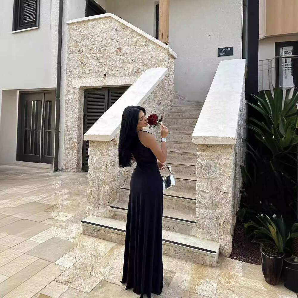 European and American summer women's sexy hollow out pleated slim fit long private dress hair replacement 2025 new style temperament chic elegant