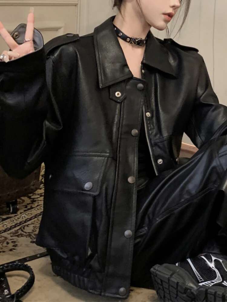 Punk Streetwear Black Women Winter Casual Moto Biker Zipper Leather Jacket Fashion Trench High Street Faux Coat