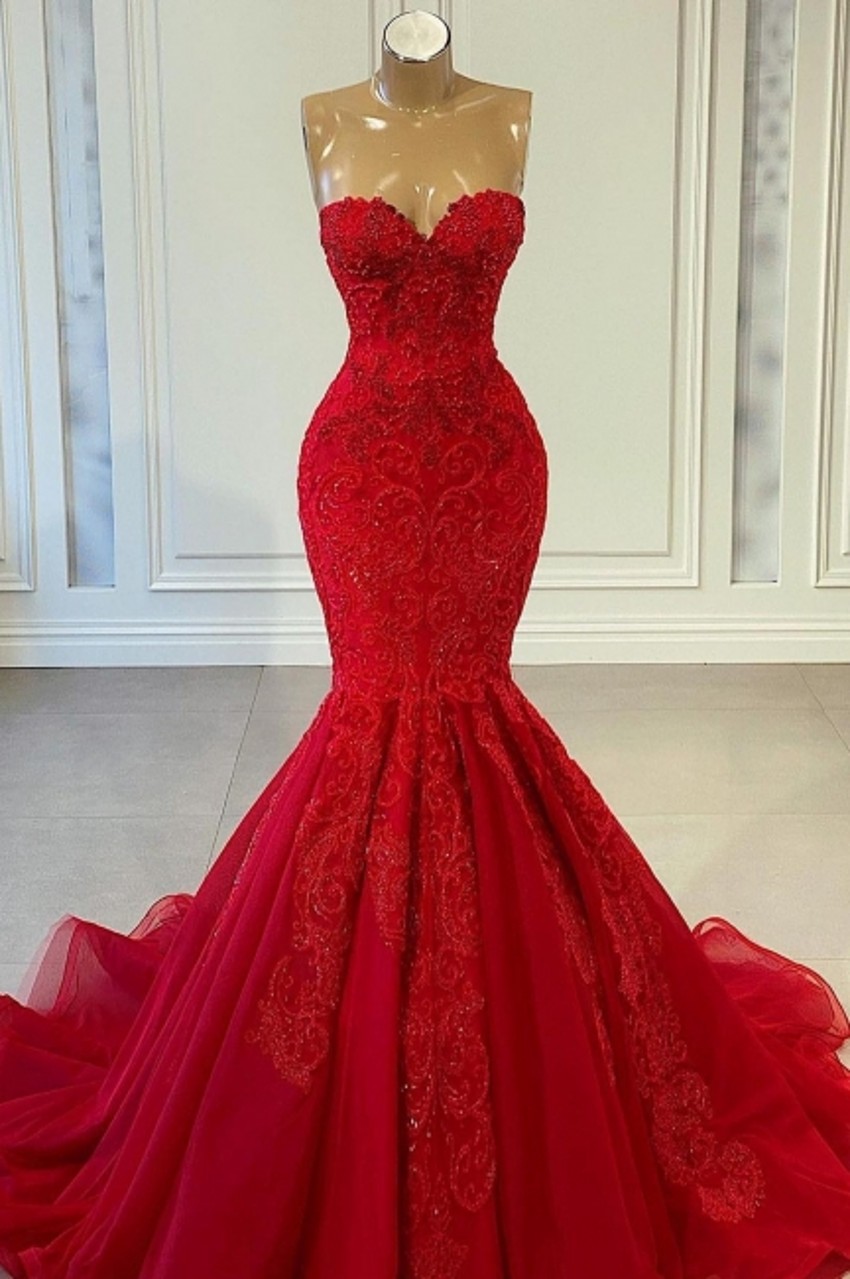 Stunning Red Mermaid Prom Dresses Sexy Sweetheart Backless Appliques Beads Long Evening Party Gowns Vestidos de bal BC14408