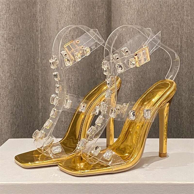Sexy Crystal PVC Transparent Buckle Strap Woman Sandals Elegant Square Toe Thin High Heels Designer Ladies Shoes