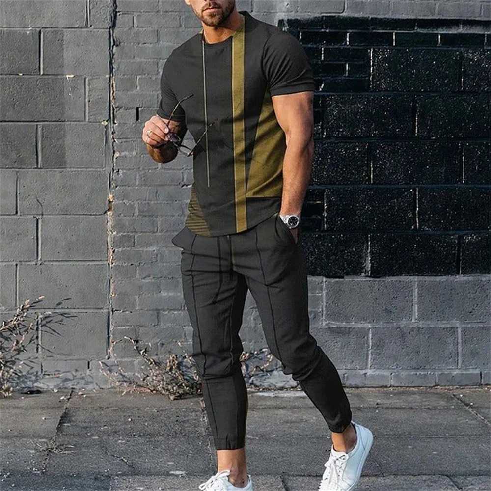 Fashion Colorful Blocks 3D Print Men Sportswear Set Short-Sleeved T Shirt Pants 2-Piece Set Oversized Pullover Men ClothingXJ250218