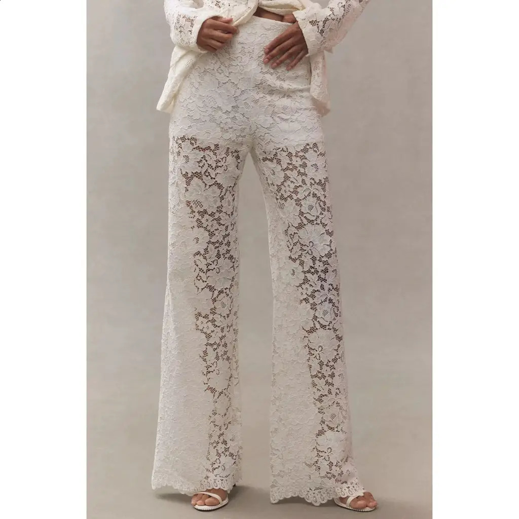 Lairauiy Womens OL Elegant Floral Lace See-through Sheer Long Pants Elastic High Waist Straight Trousers Streetwear 250218