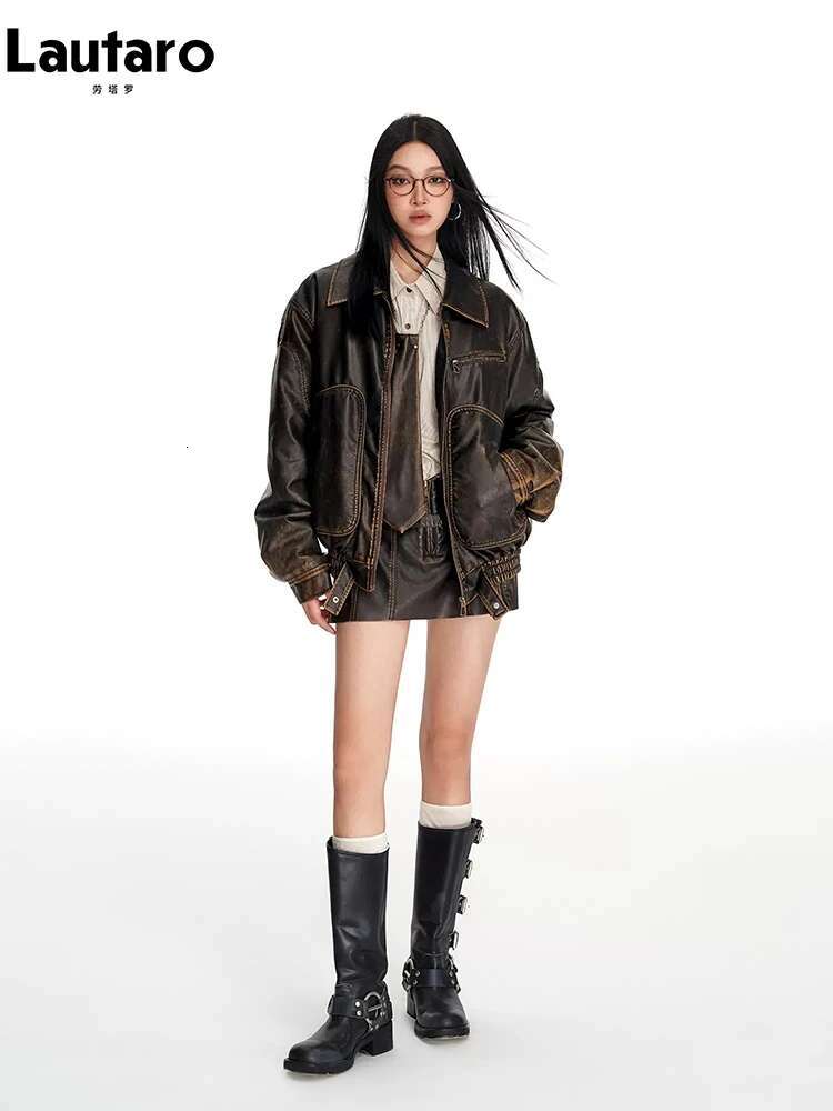 Lautaro Spring Autumn Cool Handsome Vintage Distressed Brown Pu Leather Jacket Women Faux Fur Collar Designer Clothing