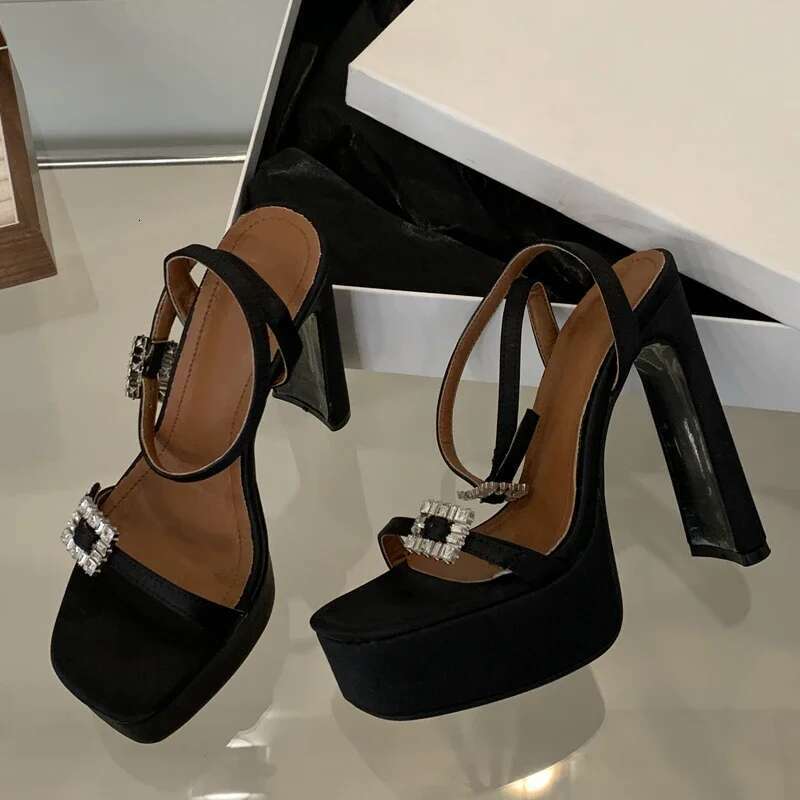 Summer Fashion Platform Heels Narrow Band Square Toe Woman Sandals Buckle Strap Party Dress Shoes