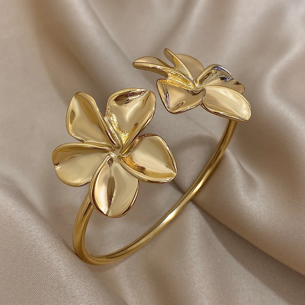 Greatera Stainless Steel Double Flower Cuff Bracelet Bangle for Women Gold Color Metal Floral Bracelets Waterproof Party Jewelry 250213