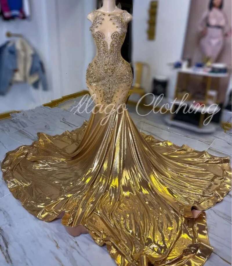 Gold Gillter Prom Rhie Mermaid Black Girls Beaded Dias Evening Birthday Party Dresses for Customized