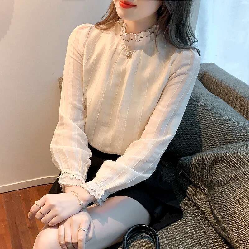 Long Sleeve Blusas Mujer De Moda 2024 Apricot Chiffon Blouse Shirt Tops Women Blouses Camisas Blusa Feminina F515