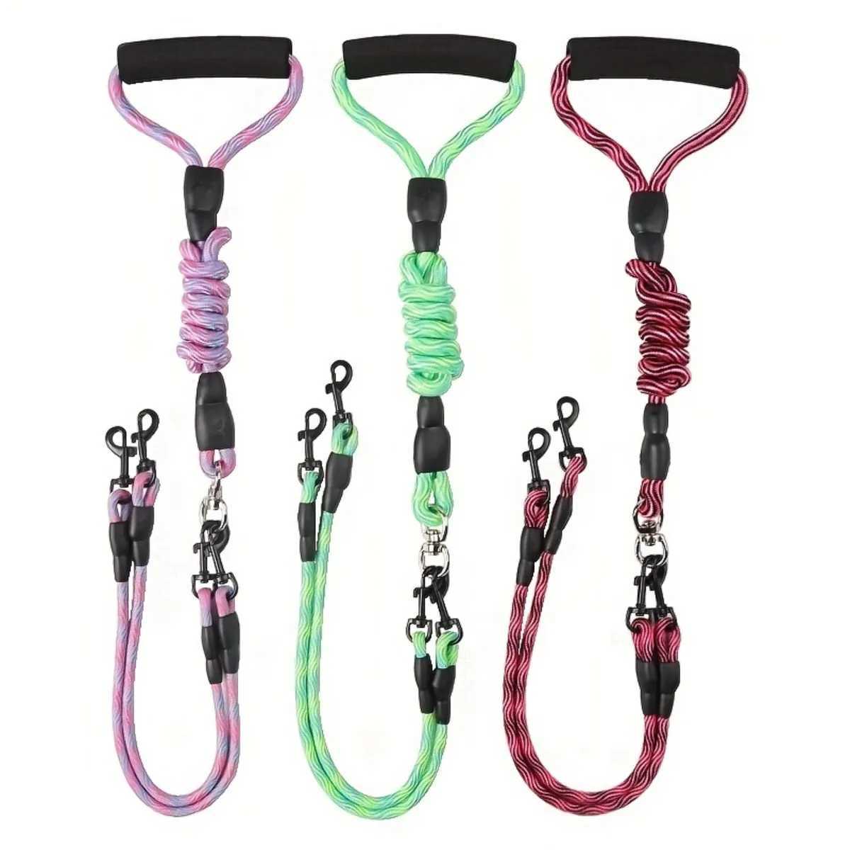 Pet dual head dog walking rope with wavy pattern one drag two traction rope anti winding and detachableXJ250218