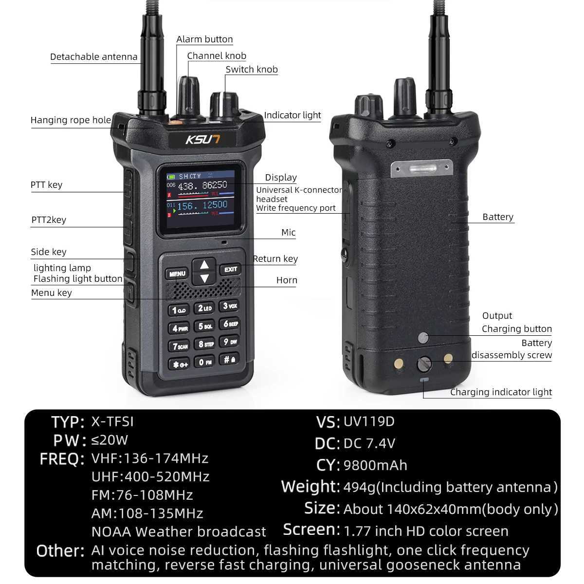 KSUT UV119D 20W High Power Long Range Walkie Talkie VHF UHF Dual Band Ham Radio Flashlight Reverse Charge Intercom Walkie TokieXJ250219
