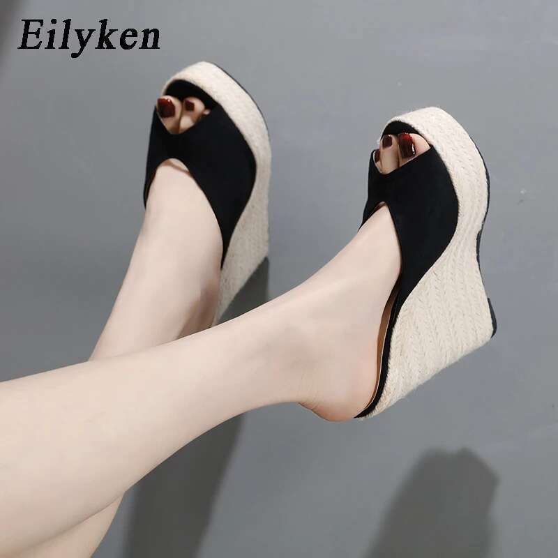 Fashion Solid High Heels Platform Wedge Women Slippers Summer Style Straw Braid Female Sandals Pumps