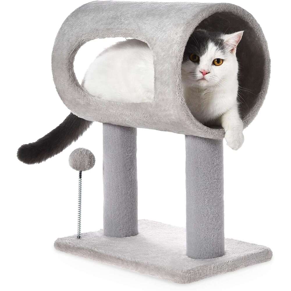 Craft Scratching Post 20.5" Tunnel Bed Carpet Tower Kitten Cat Tree with Hanging Ball for Indoor Cat, Toy, Grey, 3-7days delivery