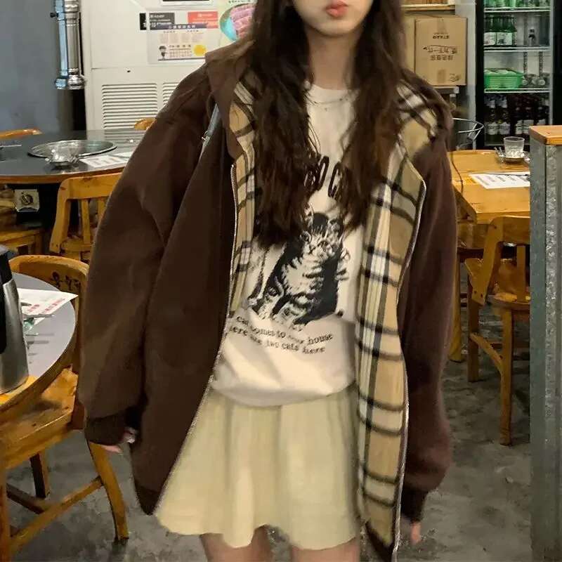 Brown Zip Up Hoodie 2023 Autumn Lattice ing Long Sleeve Casual Oversized Sweatshirt Solid Jacket Women Clothing