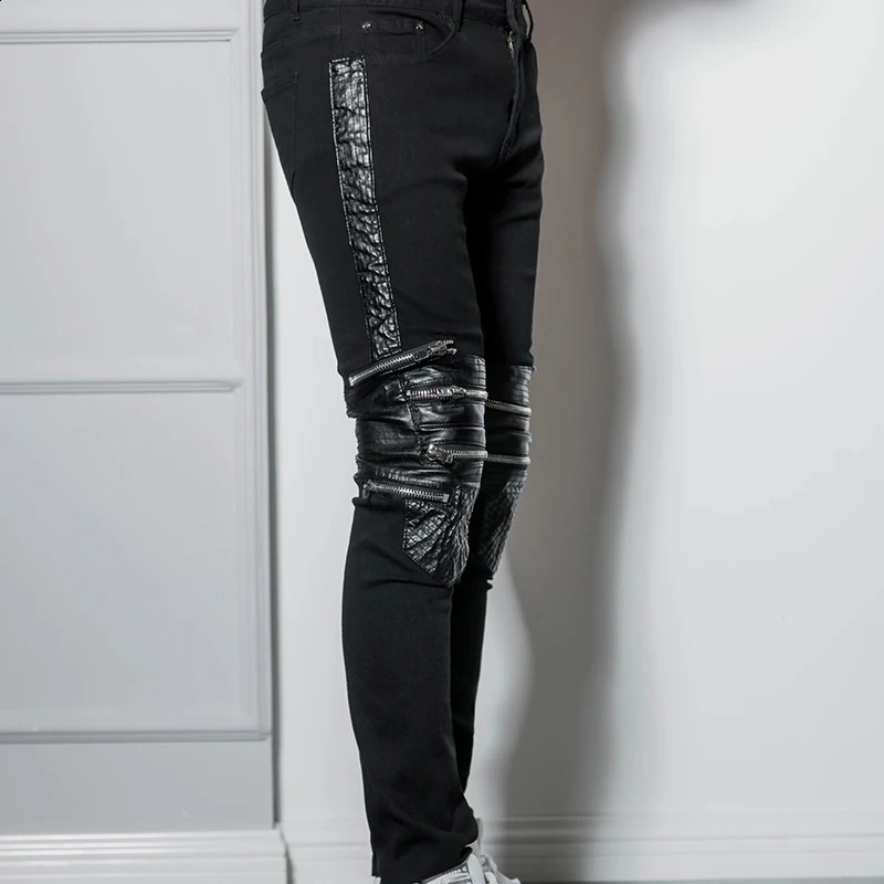 European and American nightclubs hip hop west high street style hip-hop slim fit zipper PU stitching black jeans mens Bri 250218