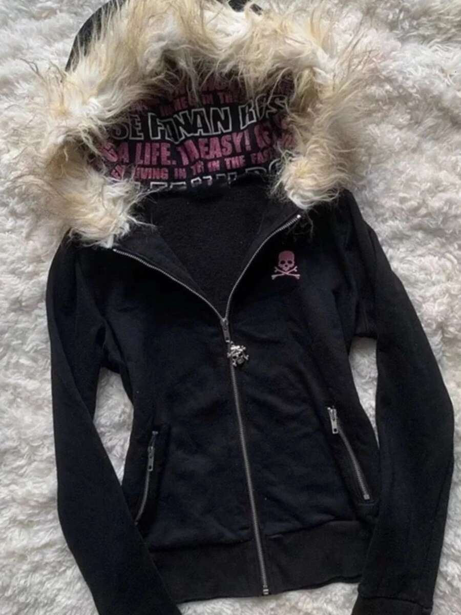 Y2K Black Fur Collar Zipper Hoodie Sexy Women Sweatshirt Haruku Goth Letter Graphic Print Slim Coat Winter Clothes