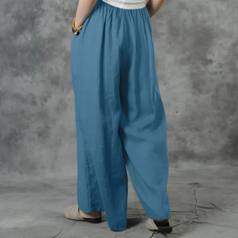 Summer Loose Size Casual Wide-Leg Pants Solid Color Cotton Linen Elastic Waist Pants Ladies Street Drawstring Trousers 250218