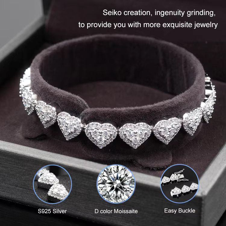 Goldleaf Sterg Sier VVS Dia Bracelet Hiphop Heart Shape Bangles Iced Out 8mm Moissanite Cuban k Chain
