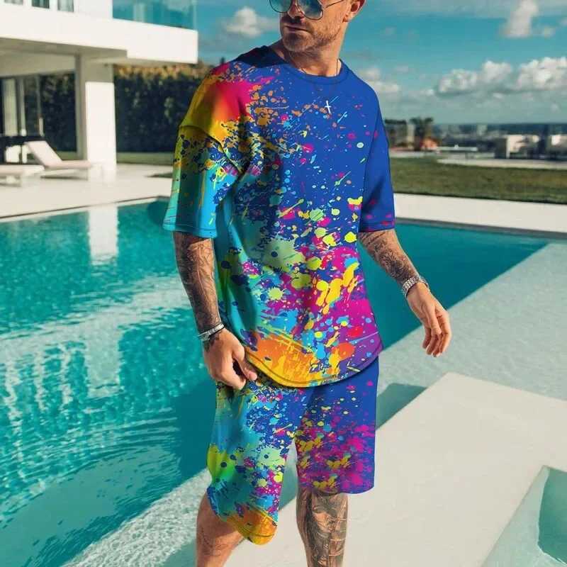 Men Summer Fashion 3D Print T-shirts Creative Casual Colorful Short Sleeved Pullover Clothes Two-piece Beach Shorts High-qualityXJ250218