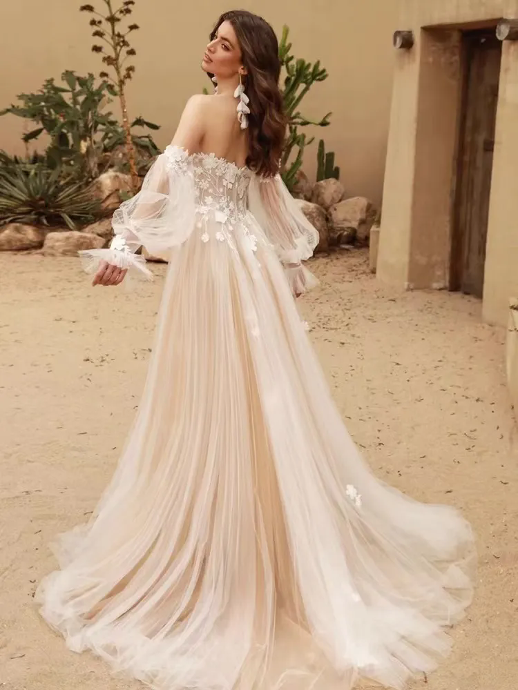 Boho Glitter Long Sleeves Floral Weeding Dress Deep Scoop Side Split A-Line Lace Appliques Bridal Gownss Bridal Gownss 02