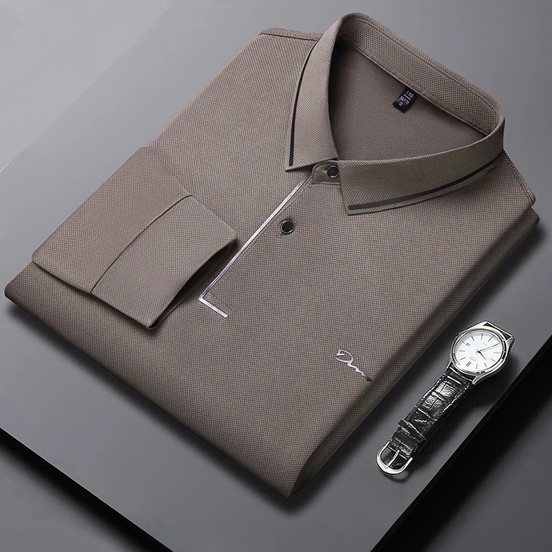Mens Business Casual Long Sleeved Shirt with Badge Solid Color Polo Fashionable Breathable Comfortable Versatile Top y250213