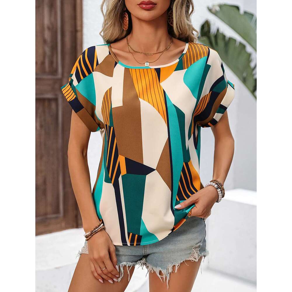 European American Cross-Border Women's Fashionable And Elegant Geometric Pattern Printed Bat Sleeve Shirt