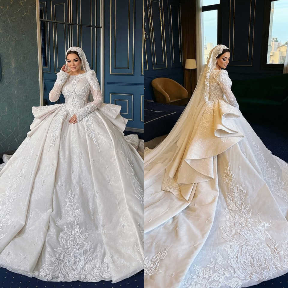 Ball Gown Wedding Dress For Women Jewel Neck Long Sleeves Bridal Gowns Appliques Court Train Dresses Custom Made vestidos de novia