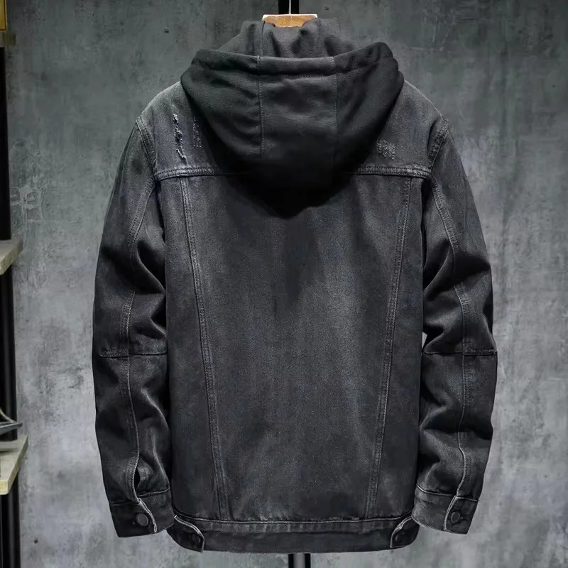 Winter Liner Thicker Warm Mens Black Hooded Denim Jacket Lining Plus Cotton Thick Outerwear Streetwear Cowboy Coat 250210