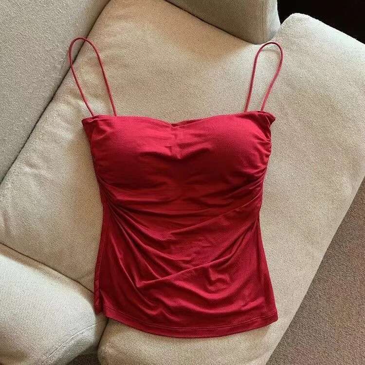 Vest Halter Summer Korean Style Trend Fashion Built In Bra Stretch Women Beach Everyday Casual Tank Top