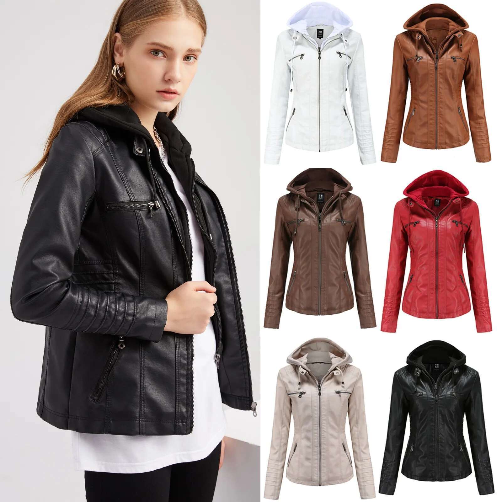 PU Women's Slim Fit Leather Hooded Zip Up Motorcycle Biker Coat Jacket Tops Long Sleeved Streetwear Clothe Autumn Winter