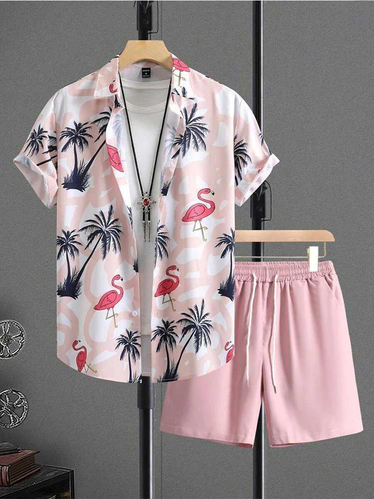 Fashion Flower Plant Print Mens Shirt Short Sleeve Shorts 2 Piece Summer Beach Casual Loose Shorts Tops Hawaiian Style Men SetsXJ250218