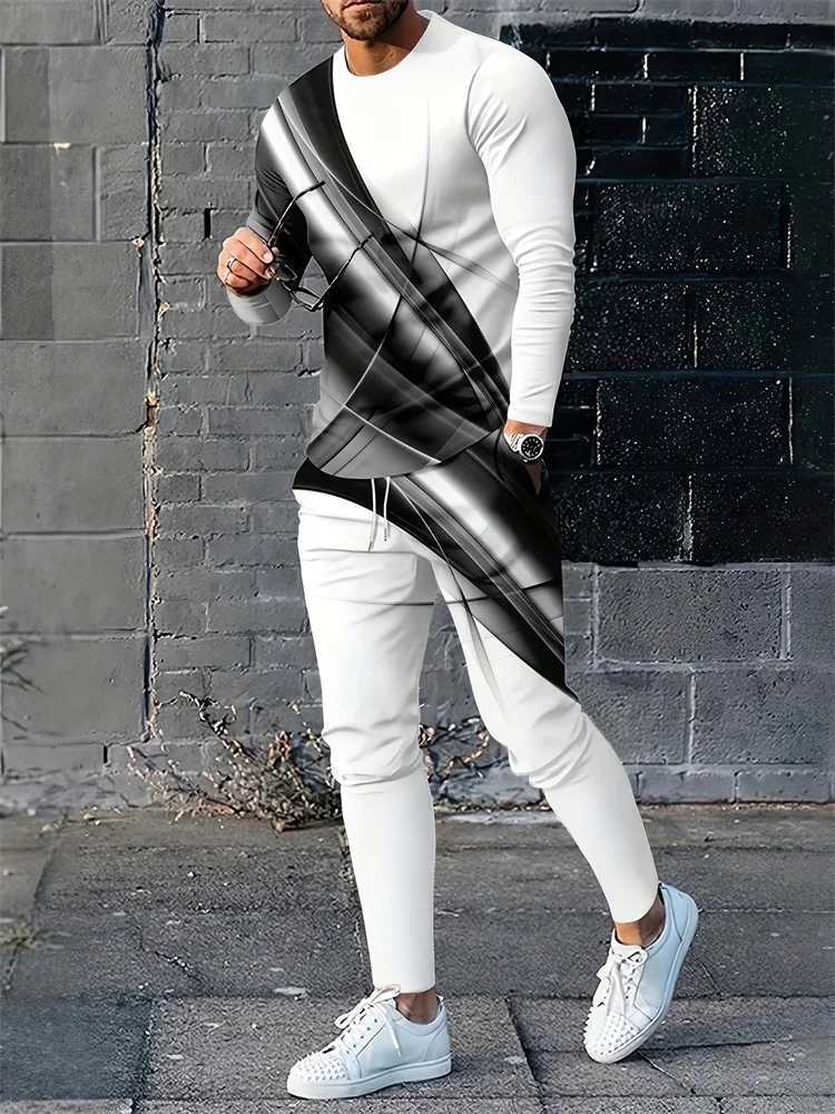 Harajuku Street Trend Mens Crewneck Long Sleeve T-shirt Pants 2 Sets Casual And Comfortable Crewneck Long Sleeve Top And SlacksXJ250218