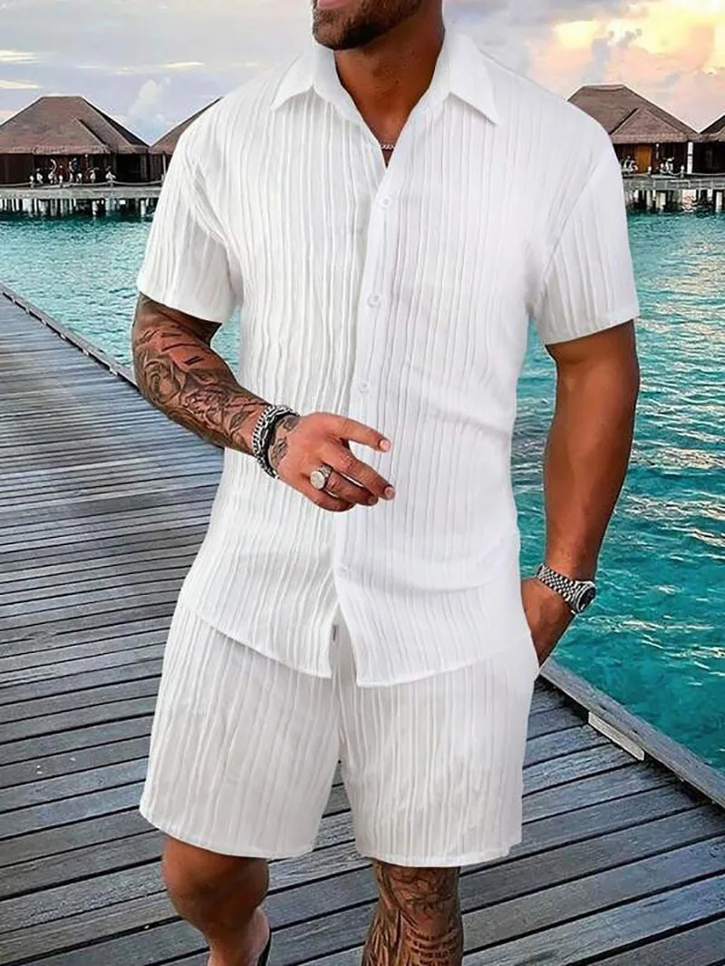 Spring And Summer Sports Mens Polo Casual Solid Color Loose Short-sleeved Drawstring Shorts Cardigan Striped Sports Suit 250219