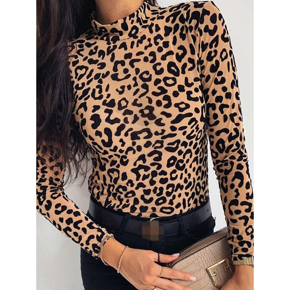 Women Fashion Leopard Print Turtle Neck Blouse Autumn Long Sleeve Shirts Party Ladies Clothes Womens Blouses And Tops