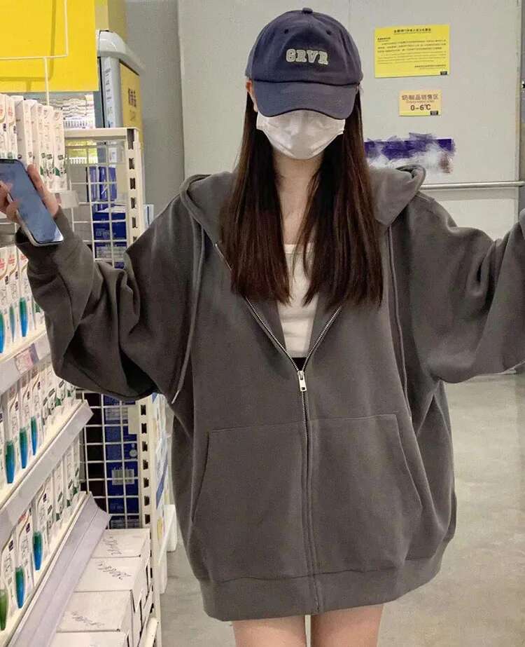 Korean Fashion Zipper Hood Sweatshirt Women Spring Long Sleeve Tops Casual Y2k Hoodies Streetwear Haruku Loose Jackets Coats