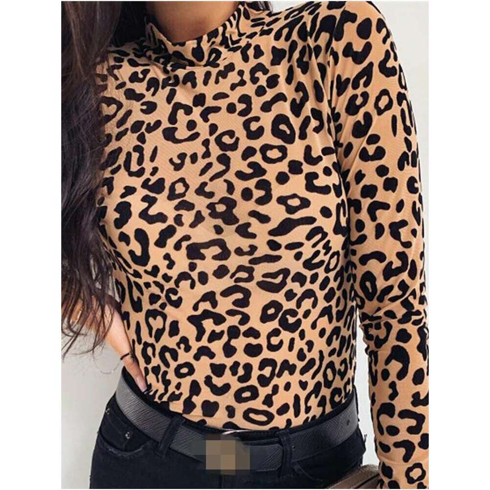Women Fashion Leopard Print Turtle Neck Blouse Autumn Long Sleeve Shirts Party Ladies Clothes Womens Blouses And Tops