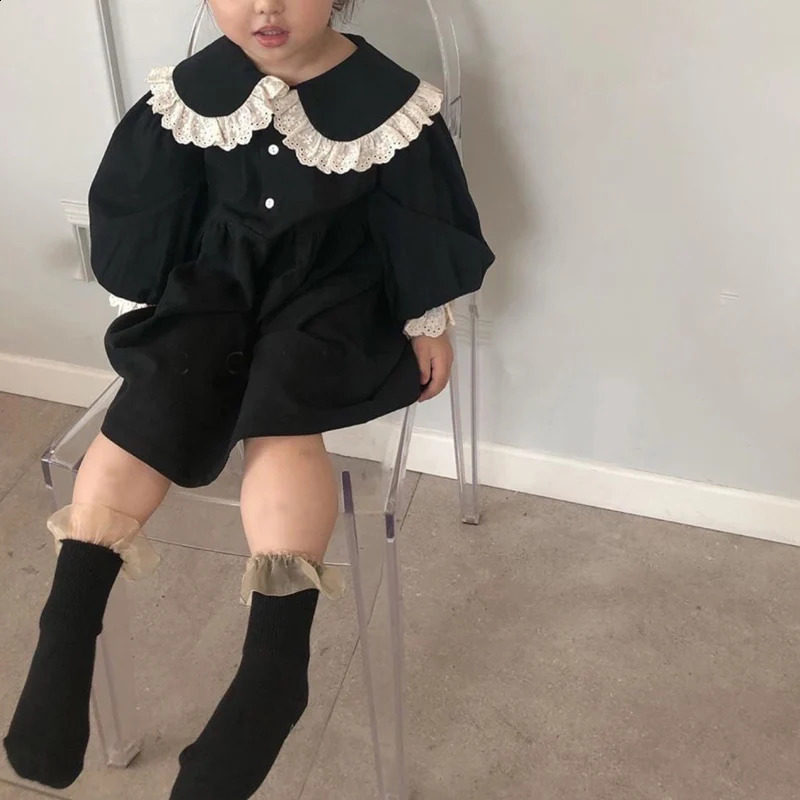 Spring and Autumn Girls Dress Lace Patch Korean Style Cute Girl Long Sleeve Collar Party Princess Dress 250219