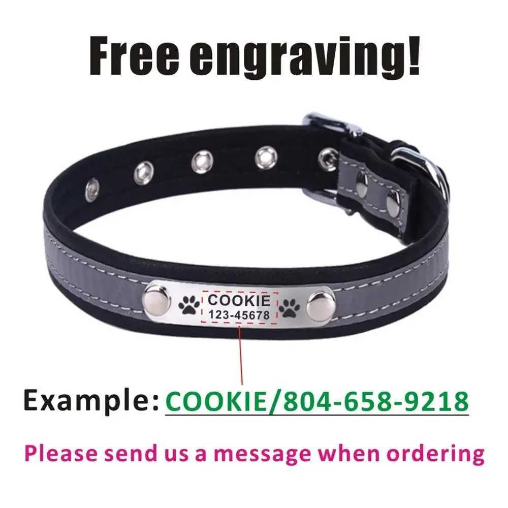 Personalized Reflective Pet Collar Dog Collars Puppy Name Plate Adjustable Free Ening Basic Leather Custom W250219