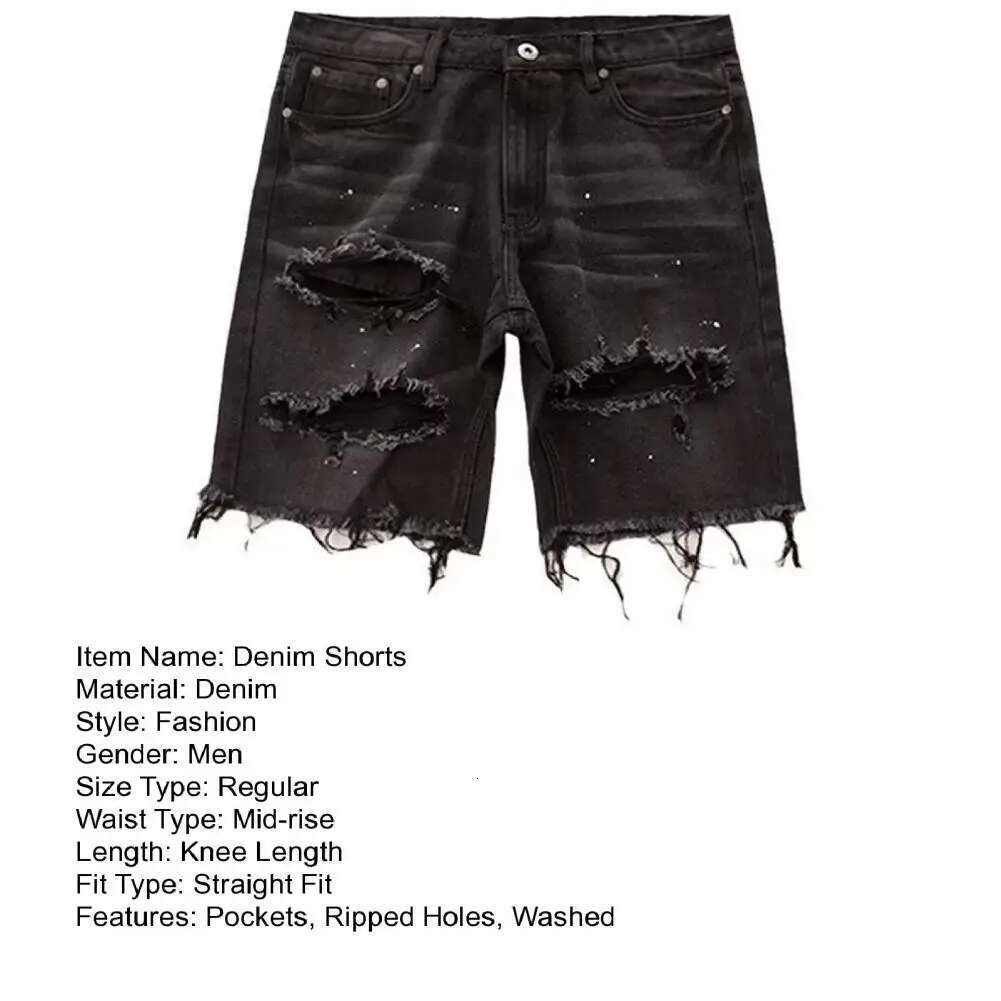 Men's Summer New Designer Denim Shorts Button Zipper Flyover Pocket Short Hip Hop Retro Sports Jeans Straight Tube Hole Knee Length