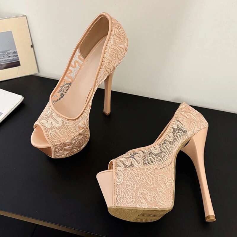 Liyke Fashion Design Embroidery Mesh Platform Pumps Women Sexy Sgback Shallow Peep Toe Pink High Heels Wedding Banquet Shoes