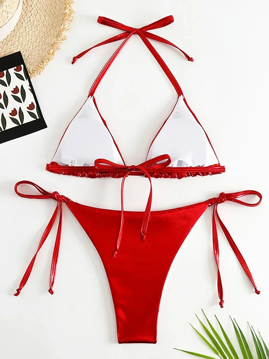 Sexy Metallic Halter Bikini Sets Lace Up Triangle Tie Side 2024 Swimsuit Women Swimwear Brazilian Female Bathing Suits 250219