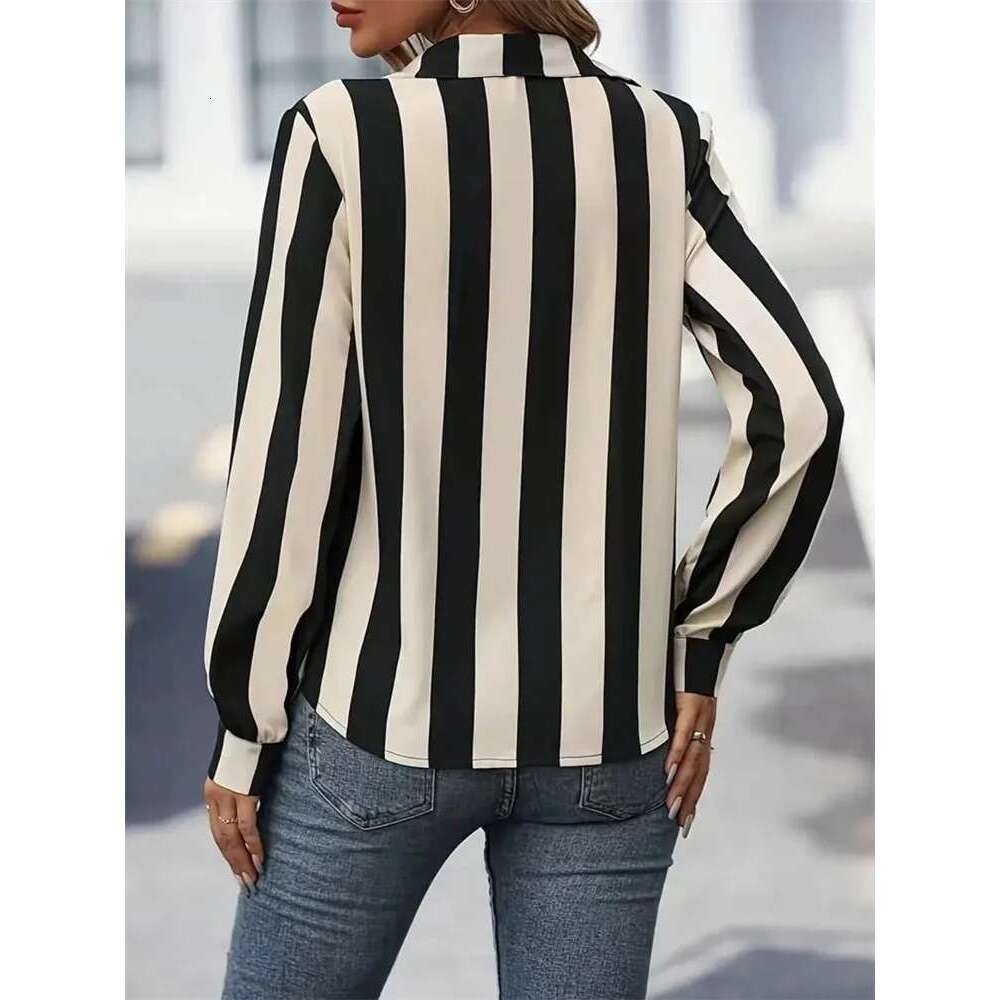 Women Spring Autumn Style Blouses Shirts Lady Casual Long Sleeve Turn-Down Collar Striped Printed Blouse Top