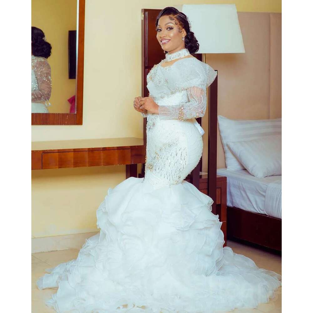 Shinny High Neck Appliques Beads Wedding Gown for Bride 2023 Vestido De Novia Long Sleeves Multi-Layered Ruffles Bridal Dresses