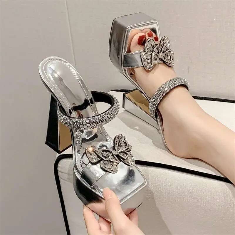 Summer Fashion Butterfly-knot Square Toe Women Slippers Sexy Ultra High Heels Shoes Platform Party Ladies Sandals