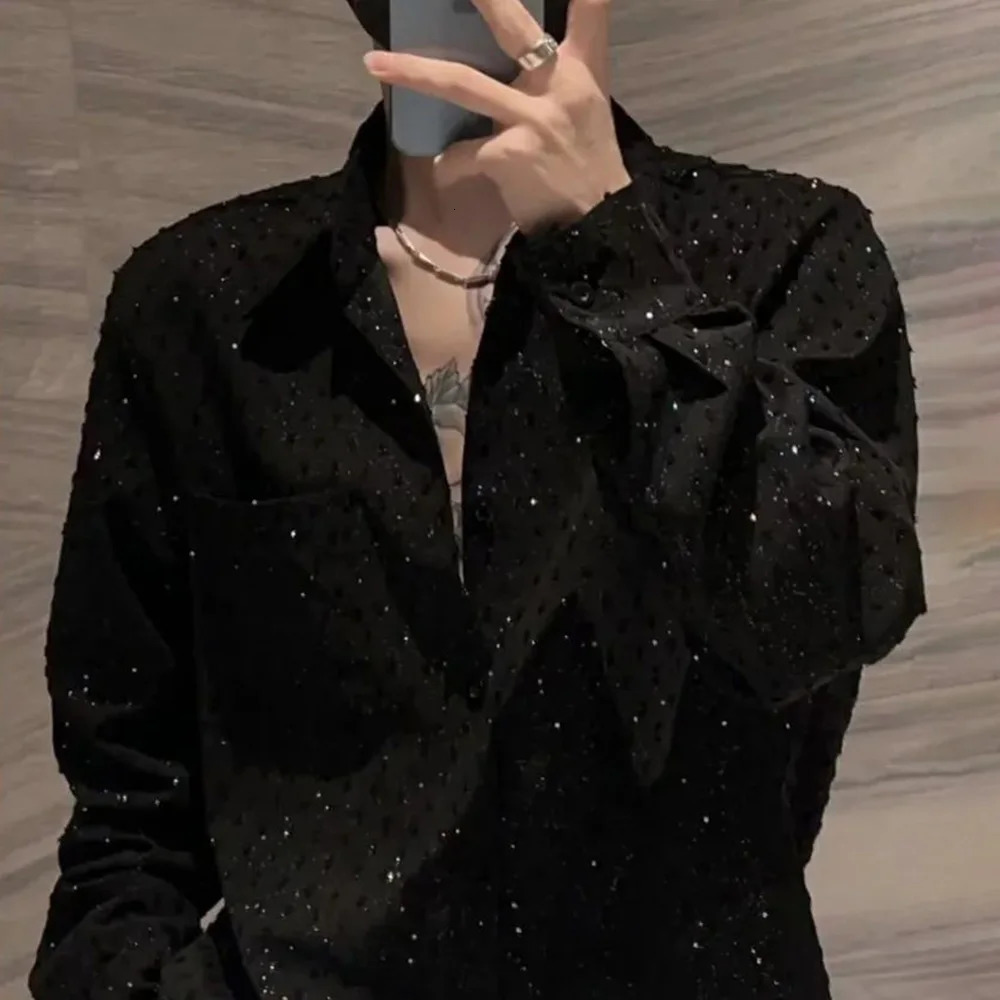 Mens Shirts Starry Sky Diamond Autumn Streetwear Fashion Niche Personality Sequins Performance Tops Clothing 250219