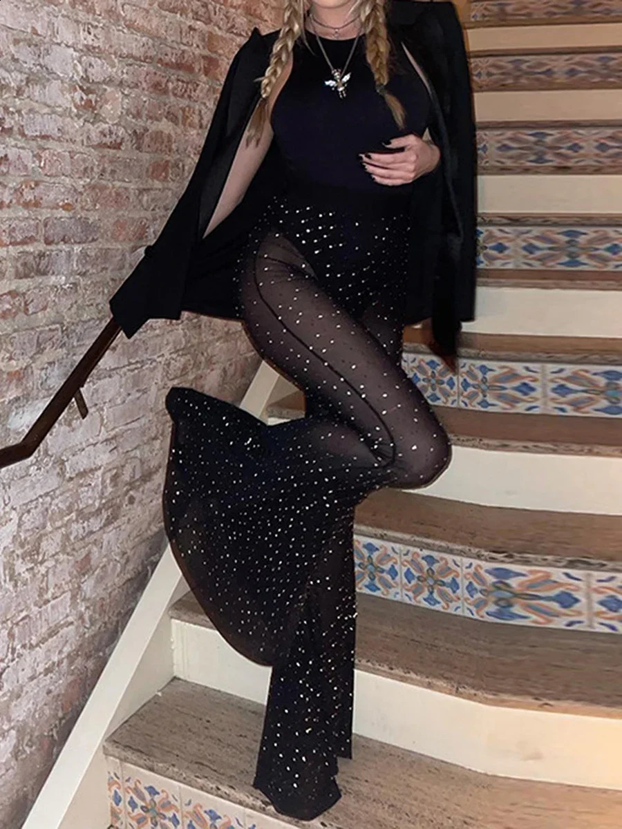 Women High Waist Transparent pants with Rhinestones Summer Fishnet Wide Leg Trousers Shiny Mesh Flared Pants 250218